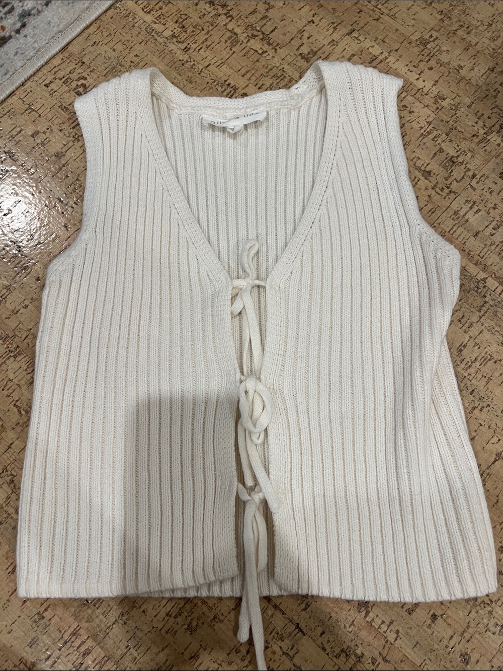 Cream Ribbed Knit Tie-Front Vest